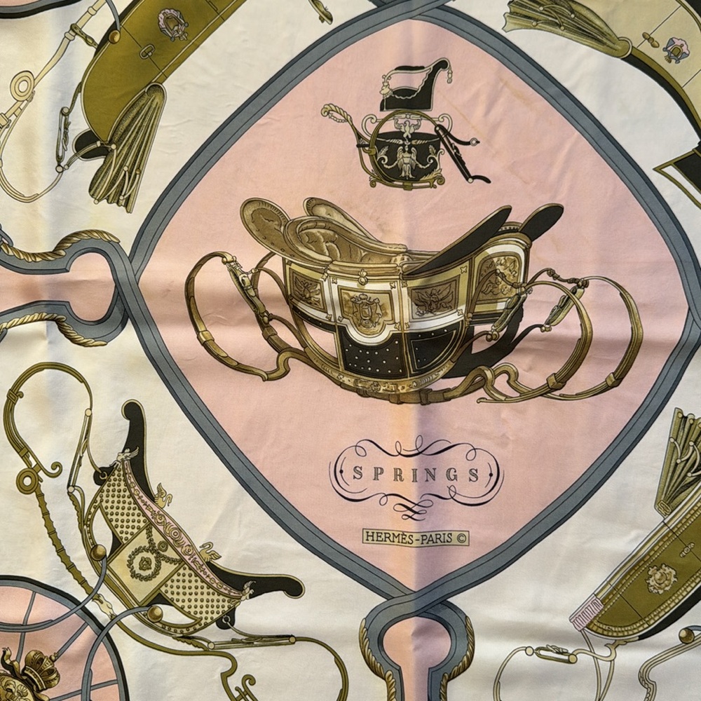 •Hermes Springs Vintage Signed Silk Scarf by Philippe LeDoux Hand-rolled 34”x35”